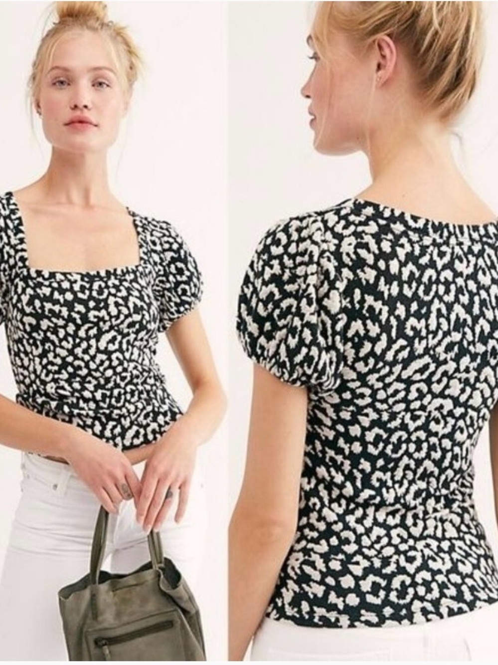 Free People Black & White Leopard Square Neck Puff Sleeve Top